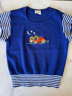 Aileen 70’s royal blue short sleeve adult XS / kids M sweater blouse embroidered